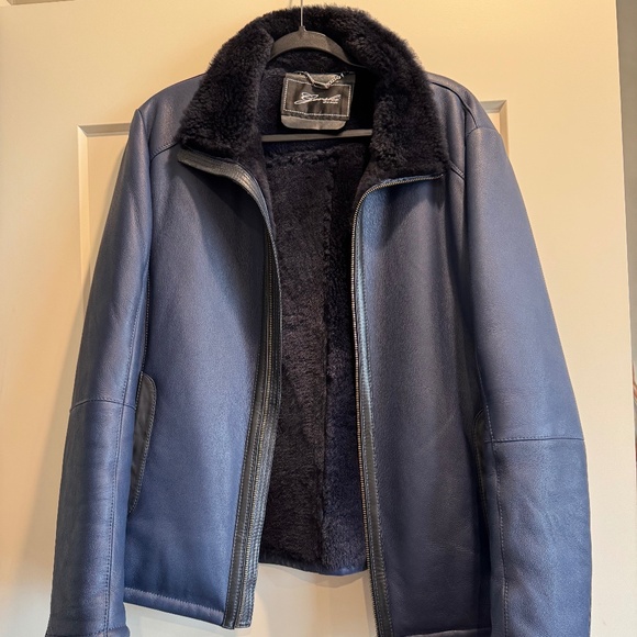 Gorski Mens Blue/Black Lamb Shearling Leather Jacket Neiman Marcus